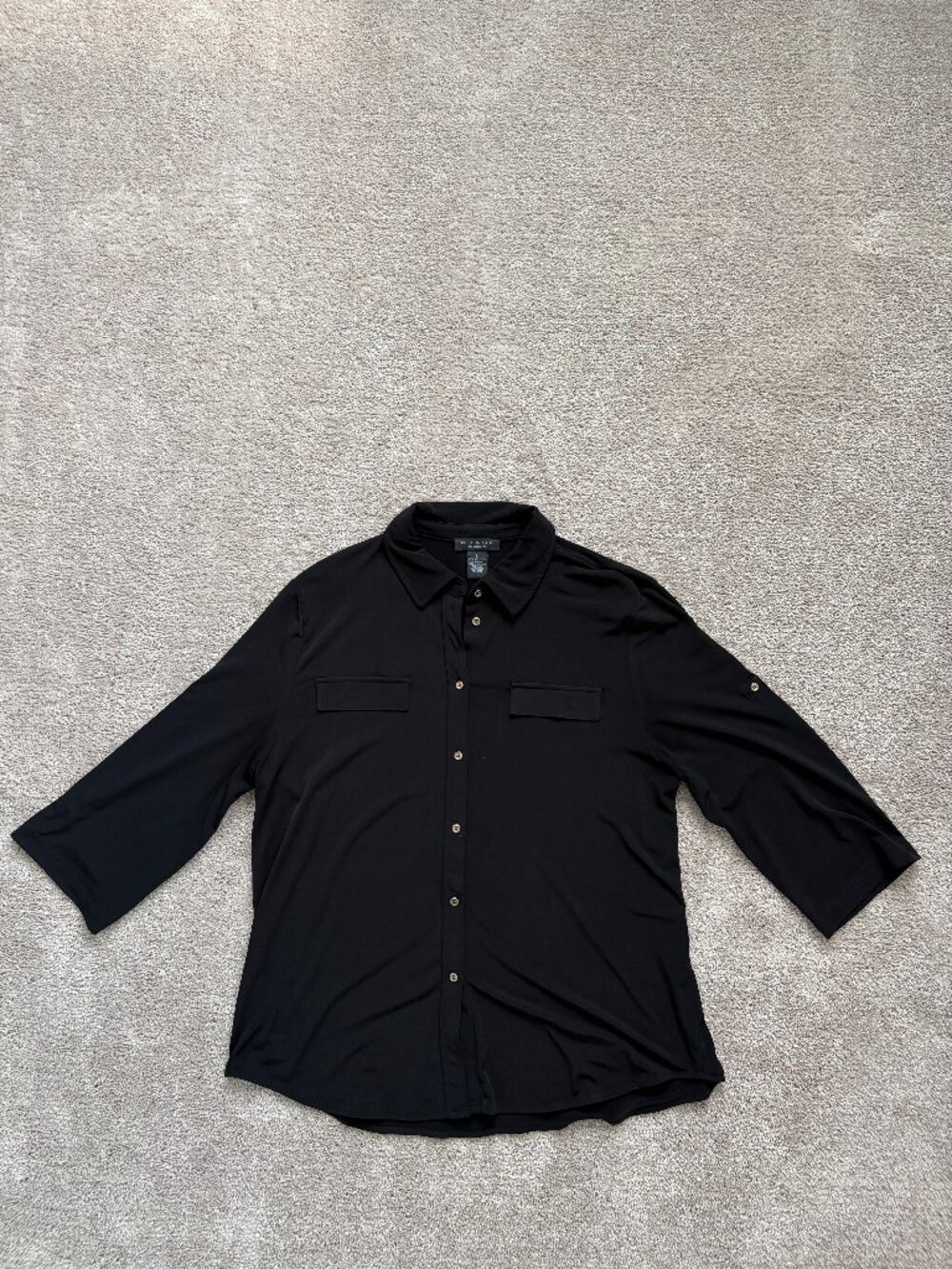 Grace Black Button-Up Blouse Large | Stretchy Collared Roll Tab Sleeve Top